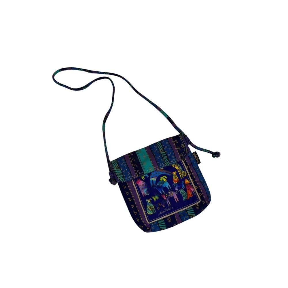 Laurel Burch Dog Purse Colorful Canvas Crossbody Bag Purple Blue Whimsical Art